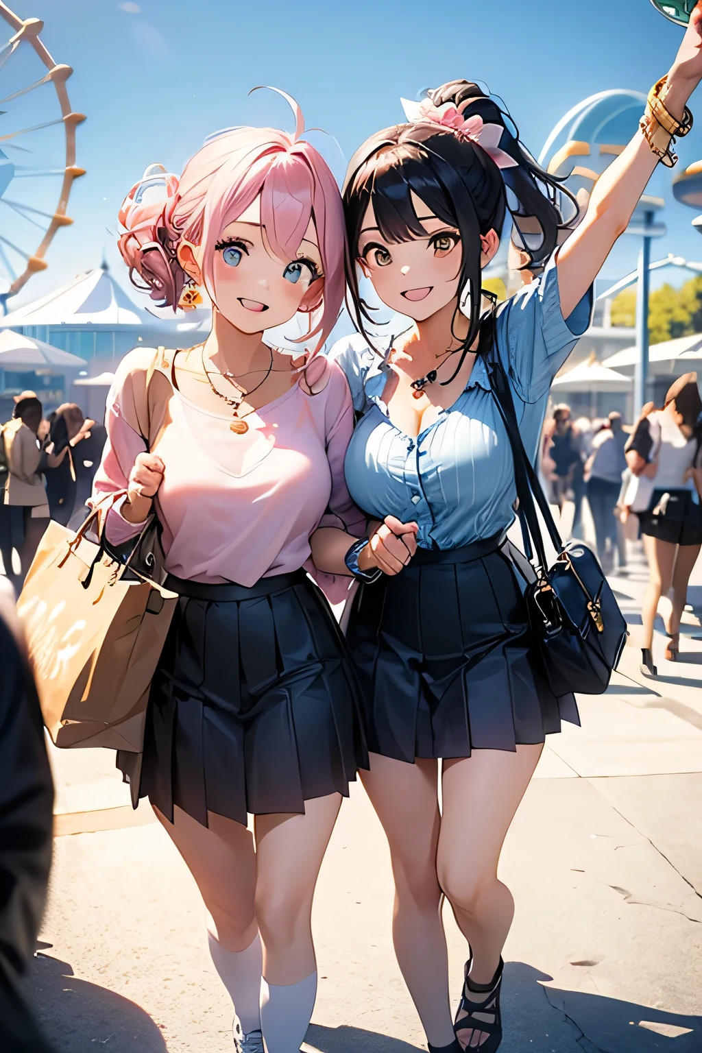 highest quality、High resolution、Detailed Background、(Beautiful face in every detail:1.4)、Anatomically correct、(Draw the usual number of fingers:1.2)、(Detailed facial expressions)、(Detailed eyes:1.2)、(Detailed eyes:1.2)、Beautiful, smooth skin、Teenage beauty、(Highly detailed face:1.4)、cute hair color、Brown Hair、Black Hair、Braided Ponytail、Braided bob cut、Braided long hair、well-groomed eyebrows、Perfect body line、Cowboy Shot、

(Two pretty girls having fun with friends at an amusement park:1.5)、

Looking at me with a big smile、(White Stockings:1.2)

Choose a mini skirt in a bright spring color.、Flared skirts and pleated skirts are fashionable.、Pair it with a simple camisole top for a lighter look.、If you want to keep it casual, pair it with a denim jacket and sneakers.、

Choose a mini skirt with a spring-like pattern or botanical print.、A-line and tight skirts are fashionable.、Pair the top with a blouse that has frills or lace details for a feminine look.、At my feetPair with heels or ballet shoes for a neat look.、

Choose a pleated mini skirt for a feminine look、Pastel colors and patterns are fashionable、Pair it with a light knit top or sweater for a spring look.、At my feet、Pair with loafers or heels、Add a neat look、cute