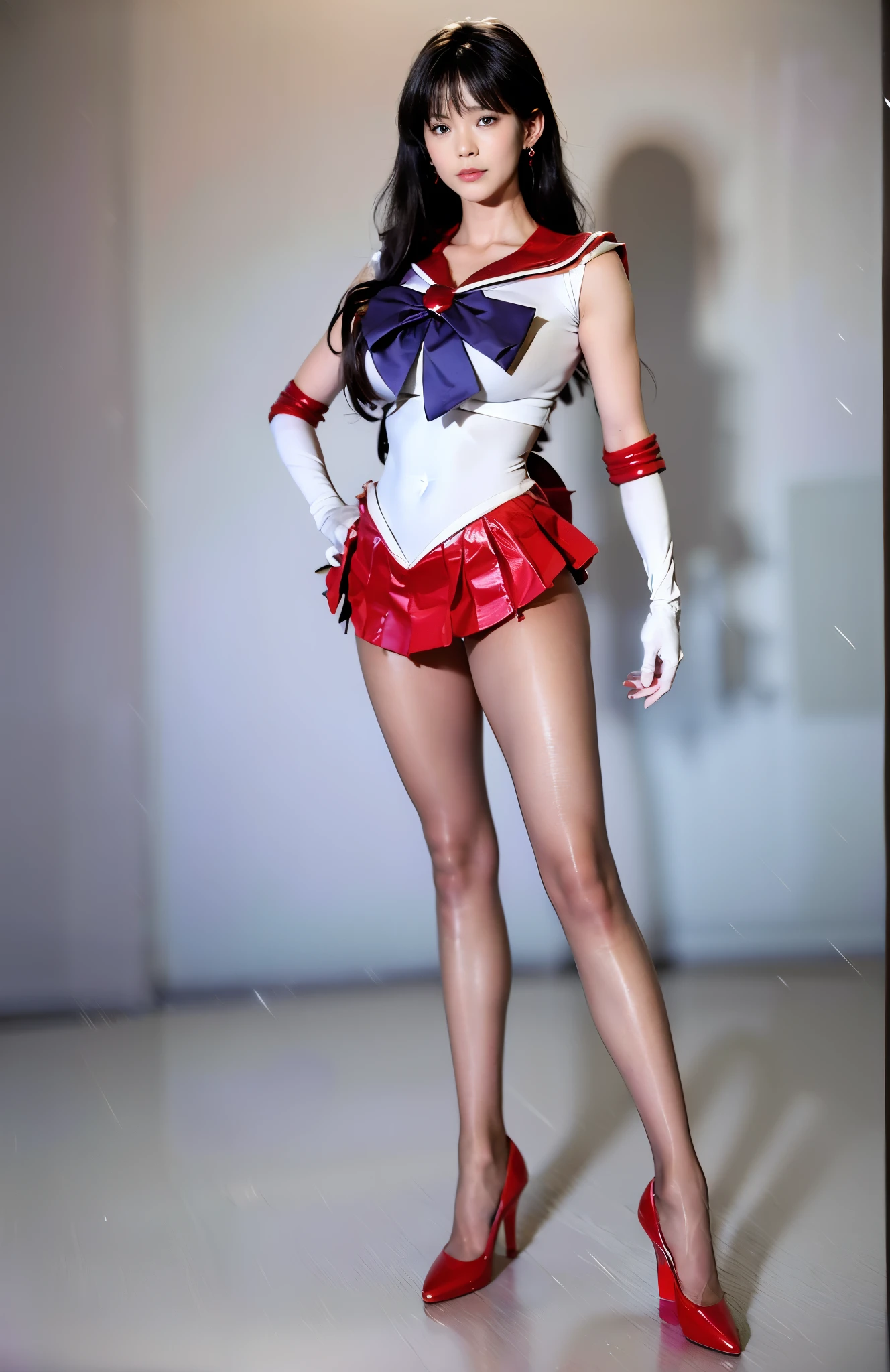 No background、(((Beautiful legs in tights.)))、(((Legally express the beauty of your smile)))、(((Wearing white gloves)))、((((Make the most of your original images)))、(((Sailor Mars Costume)))、(((Beautiful Hair)))、(((suffering)))、(((Please wear beige tights....、Please wear red heels)))、((Best Quality、8k))、((Best Quality、8k、masterpiece:1.3))、(((Save the background )))、Sharp focus:1.2、Beautiful woman with perfect figure:1.4、Slim Abs:1.2、Wet body:1.5、Highly detailed face and skin textures、8k