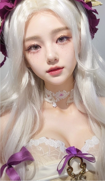 a close up of a doll with white hair and a purple flower, ball jointed doll, anime barbie in white, anime barbie doll, pale milky white porcelain skin, porcelain white skin, artdoll, pale porcelain white skin, white detailed eyes, ethereal!!! ultra realistic, with gorgeous detailed eyes, porcelain white face, girl with white hair, face - , 🤤 girl portrait, hyper realistic aesthetic, small freckles, hyper realistic teenager, barbie doll, freckles!!!, detailed face, realistic, Físico : el abdomen más pequeño jamás visto, jisoo from blackpink, popular south korean makeup, quality detailed ,(beautiful makeup :1.2), Wide hips, big, big ass, (best quality, 8K, masterpiece: 1.3), Clear focus: 1.2, Perfect body beauty: 1.4, strong abs, Very detailed face and skin texture. , detailed eyes, double eyelids, (long hair), having very marked curves, with greater volume in ((breasts)), 