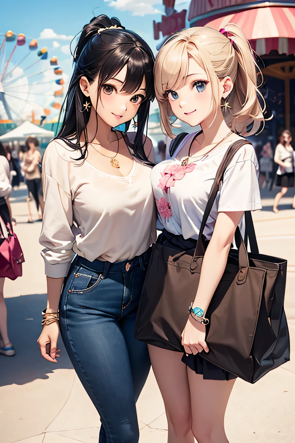 Two women standing next to each other in front of a carnival - SeaArt AI