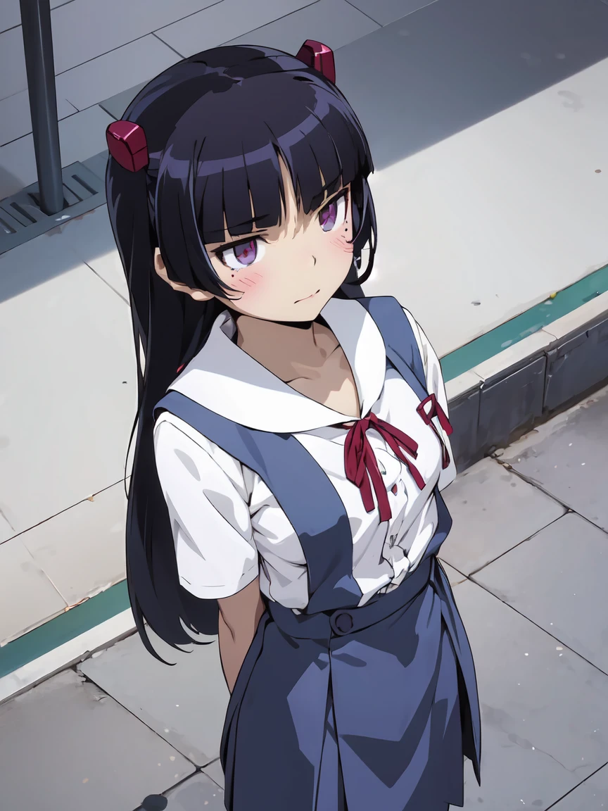 ruri gokou, 1 Female, solo, ((eva school unifrom)), ((tokyo-3 middle school uniform)), Hime cut, Black Hair, Long Hair, mole, blush, Red ribbon, garden, full body