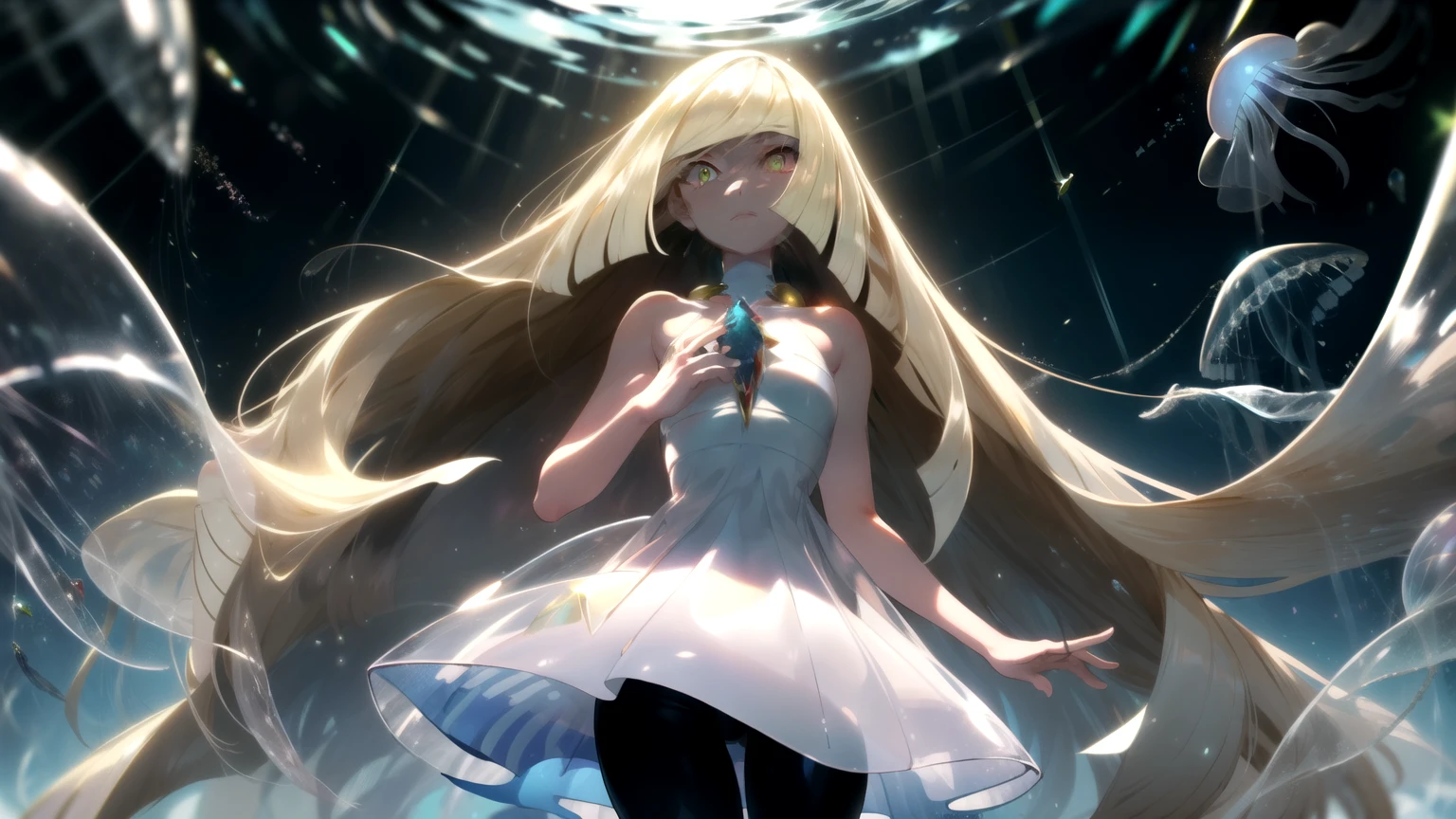 masterpiece,best quality,1girl,lusamine \(pokemon\),Lusamine,very long hair,white dress,chest gem,multicolored leggings,glowing eyes,(giant jellyfish),floating,