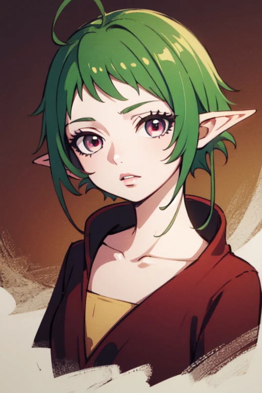 naked embarrassed elf with green hair, yellow-red eyes, small hips from the reincarnation of an unemployed