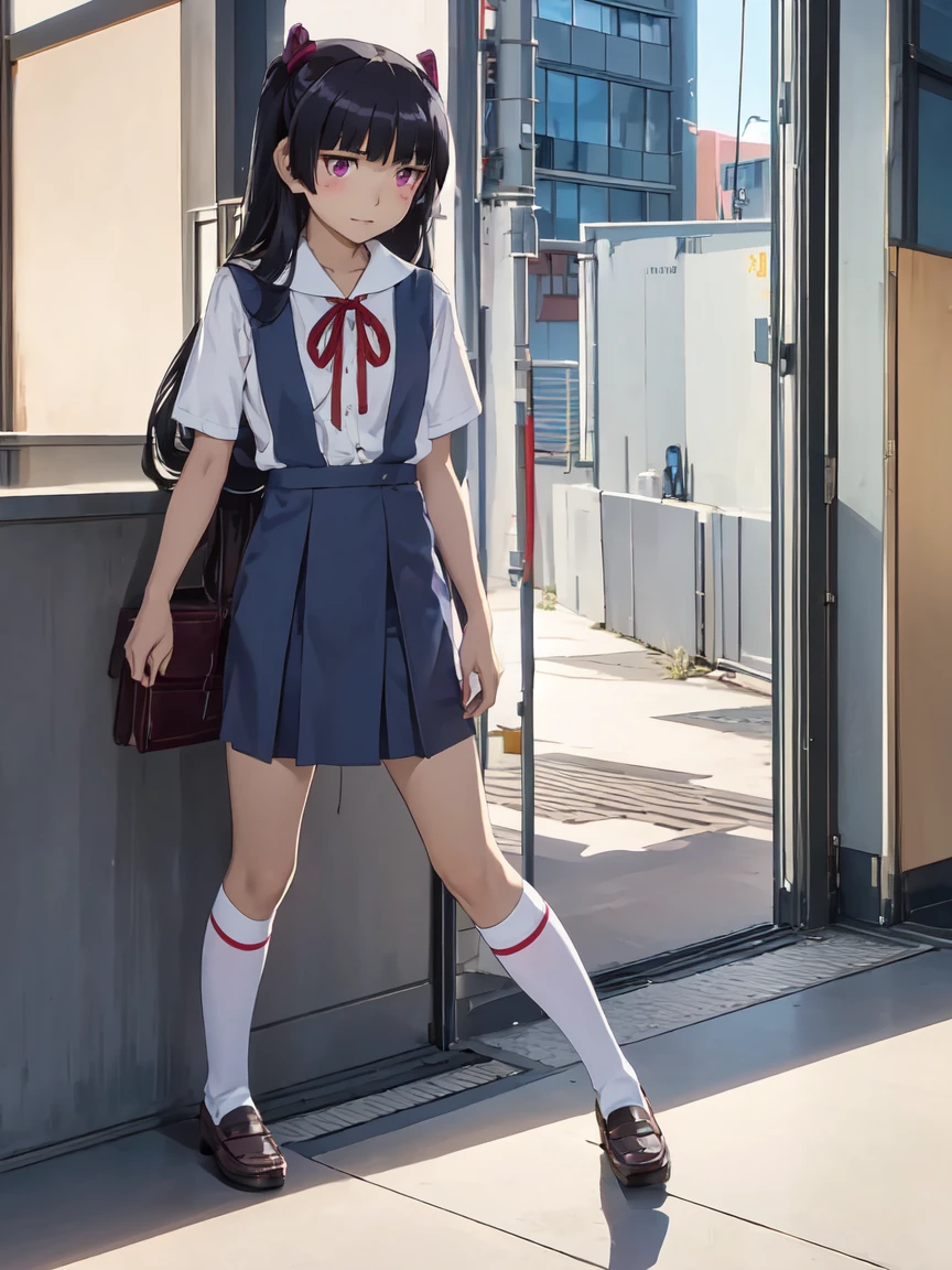 ruri gokou, 1 Female, solo, ((eva school unifrom)), ((tokyo-3 middle school uniform)), Hime cut, Black Hair, Long Hair, mole, blush, Red ribbon, garden, full body, shirt, short sleeves, suspender skirt, neck ribbon,