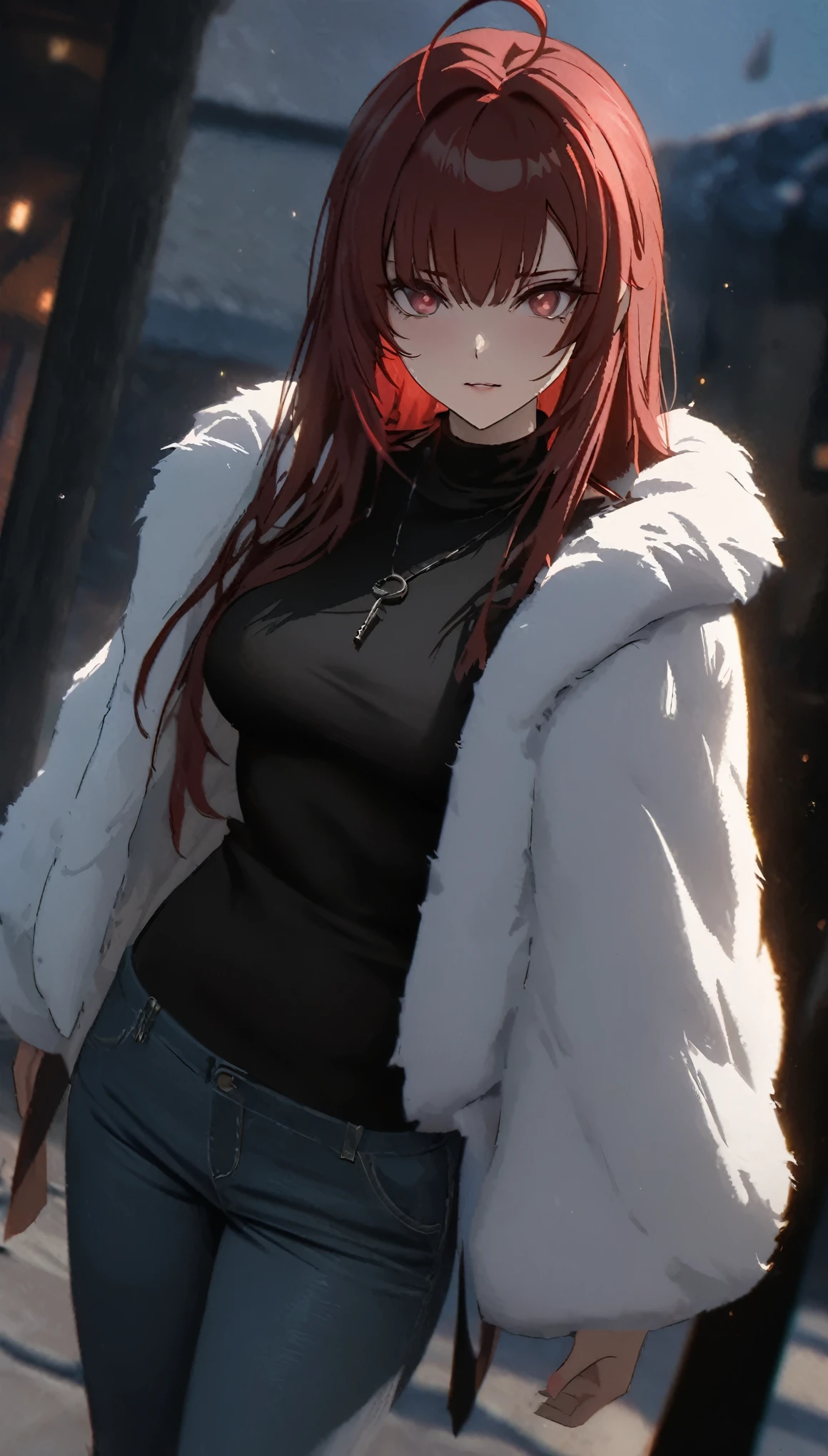 ((solo)), (woman), dark red eyes, red hair, long hair, straight hair, (young adult), fit, tall, medium breasts, a close up of a person, detailed key anime art, casimir art, masamune shiro, masamune, beautiful girl in demon slayer art, heise jinyao, shadowverse style, (no logos), jeans pants, fur jacket, black shirt, expressive hair, white clothes, shiny hair, ahoge, bangs, depth of field, cinematic lighting, ray tracing, depth of field, cinematic lighting, ray tracing, UHD, high details, best quality, highres, high quality, award winning, super detail, masterpiece, 8k, UHD, high details, best quality, highres, high quality, award winning, super detail, masterpiece, 8k
