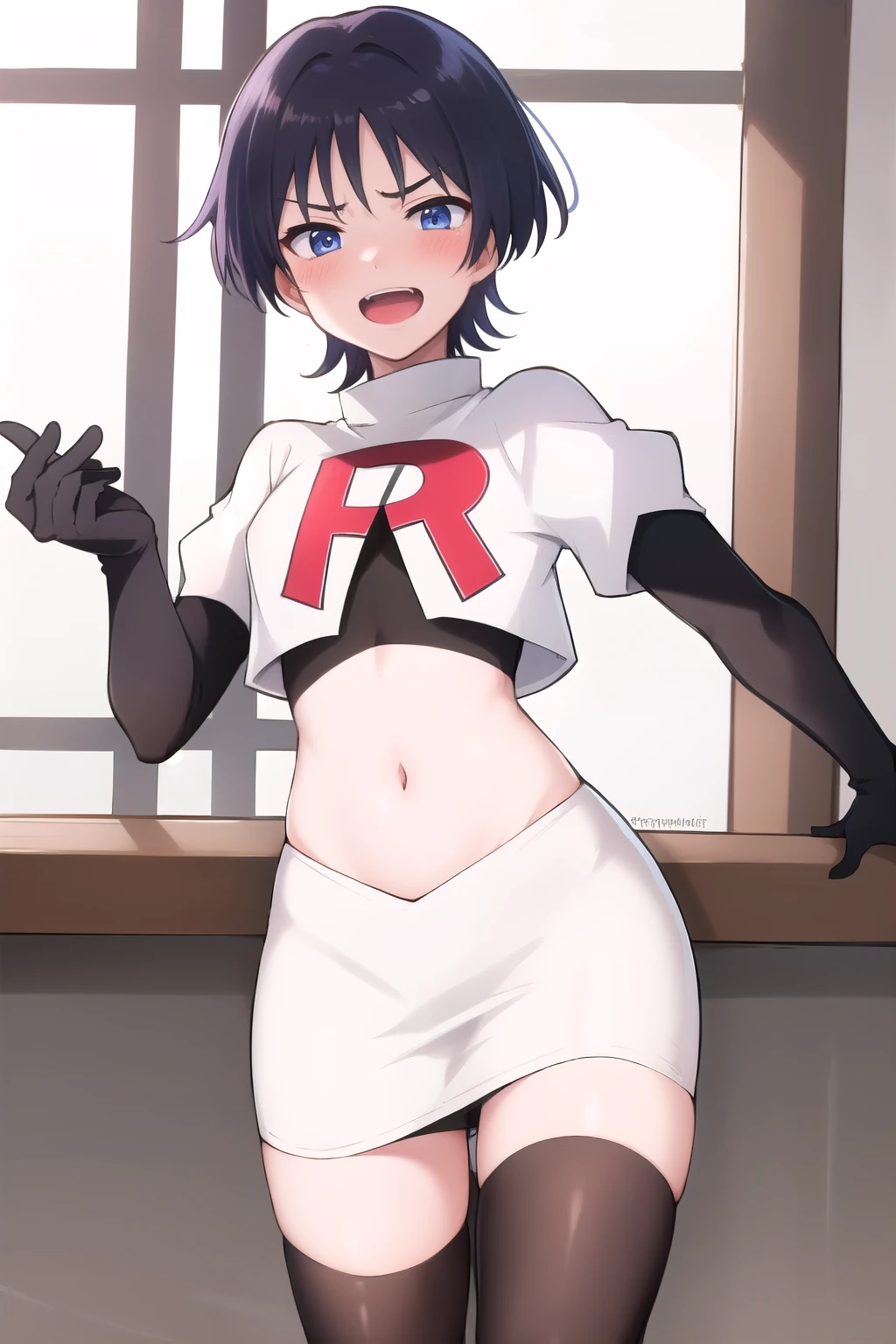 absurdres,masterpiece, trap, best quality, highres, high quality, 1boy, solo, male focus, hair, crossdressing,1boy,team rocket,team rocket uniform,white skirt,red letter R,crop top,black thigh-highs,black elbow gloves, evil laugh, blush