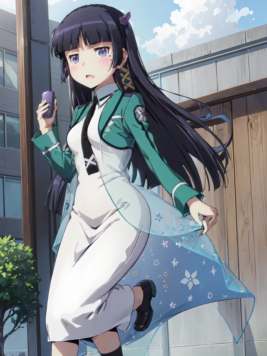 ruri gokou, 1 Female, solo, ((magic_high_school_uniform)), (green jacket), (white dress), (black necktie), Hime cut, Black Hair, Long Hair, mole, blush, Red ribbon, garden, full body