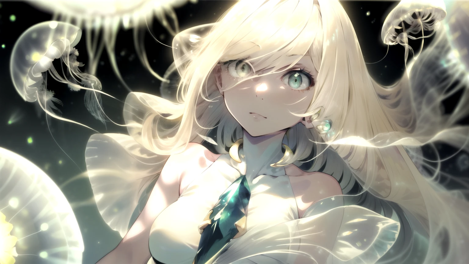 Masterpiece, Best Quality, 1 Female, Mature Woman, Lusamine, Blonde Hair, Green Eyes, Normal Breasts, Very Long Hair, (Hair Above One Eye: 1.3), Dress, Sleeveless, Sleeveless Dress, Bare Shoulders, White Dress, Gem, Bare Arms, Short Dress, Diamond (Shape), Green Gemstone, Leggings, Glowing Eyes, (Giant Jellyfish), Floating,