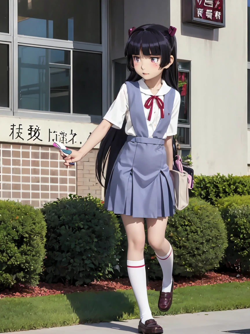 ruri gokou, 1 Female, solo, ((eva school unifrom)), ((tokyo-3 middle school uniform)), Hime cut, Black Hair, Long Hair, mole, blush, Red ribbon, garden, full body