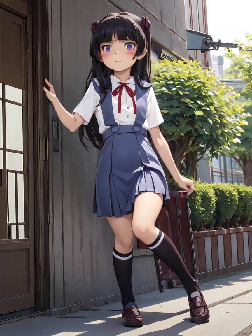 ruri gokou, 1 Female, solo, ((eva school unifrom)), ((tokyo-3 middle school uniform)), Hime cut, Black Hair, Long Hair, mole, blush, Red ribbon, garden, full body, shirt, short sleeves, suspender skirt, neck ribbon,