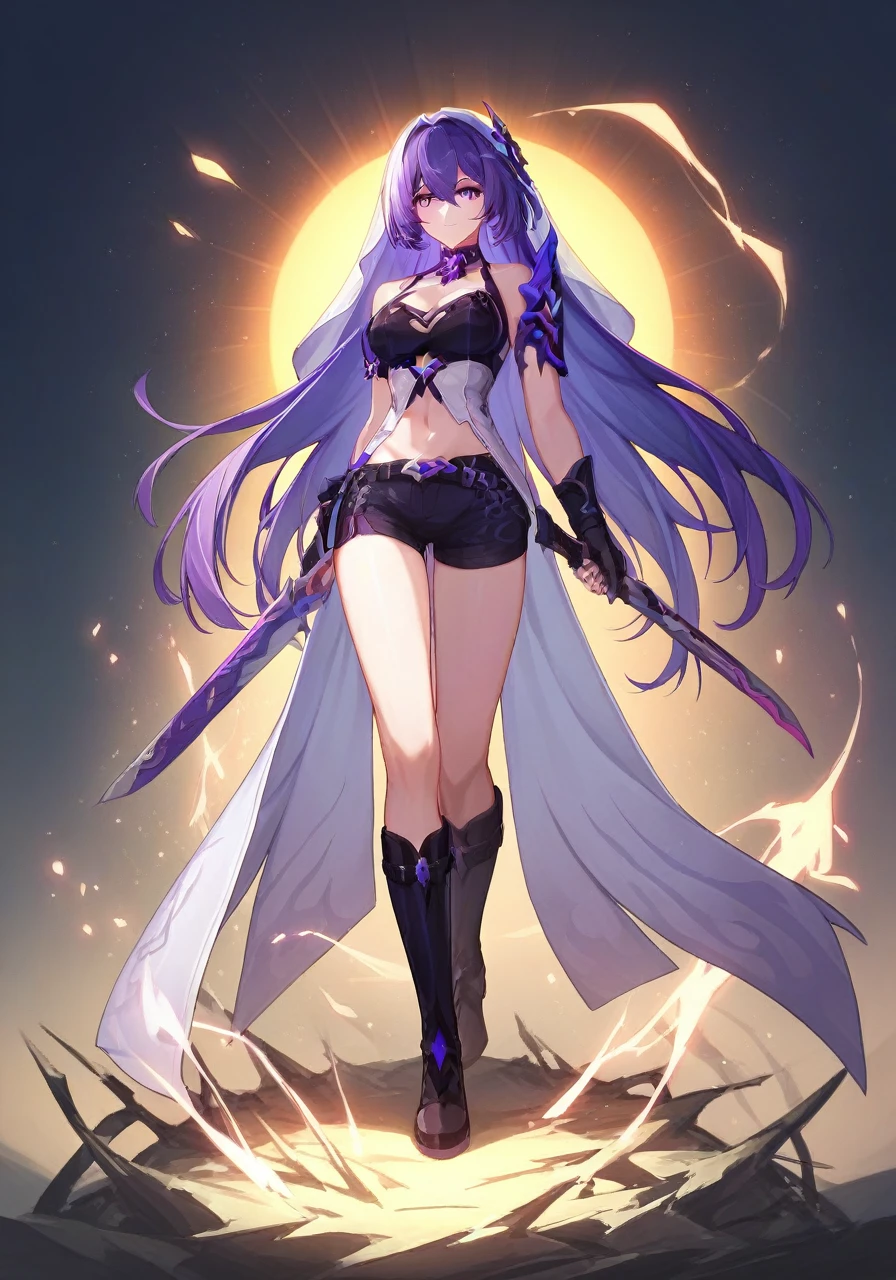 ((masterpiece)),((Best Quality)),High resolution,Highly detailed CG,Perfect lighting,8K wallpaper,
One girl,Acheron \(Honkai: Star Rail\),Purple Hair,Very long hair,purple eyes,,White Veil,knife,Shorts,boots,