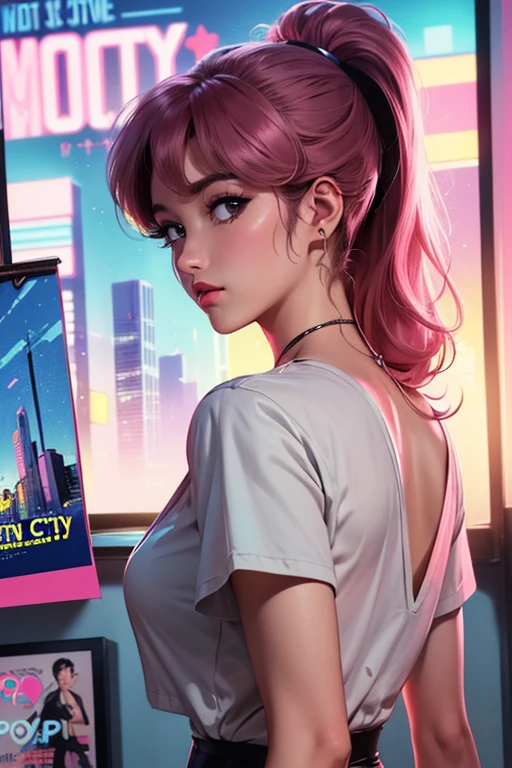 (80's, Retro City Pop Poster:1.5), (Album cover), (masterpiece, Best Quality), (anime, figure), (Pastel colors:1.4), Best photo poses, Dynamic Angle, Studying in the room, dark pink hair, ponytail, It's raining outside, Side cut, Alone, A perfect eye for detail, Delicate face, High Fashion,