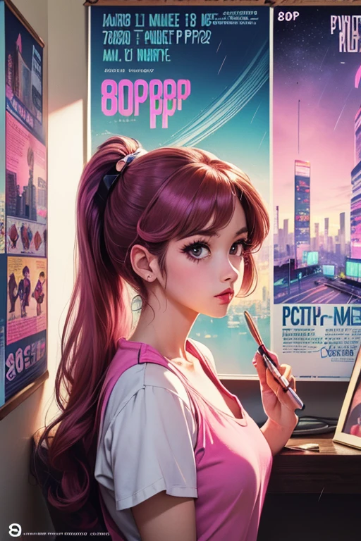 (80's, Retro City Pop Poster:1.5), (Album cover), (masterpiece, Best Quality), (anime, figure), (Pastel colors:1.4), Best photo poses, Dynamic Angle, Studying in the room, dark pink hair, ponytail, It's raining outside, Side cut, Alone, A perfect eye for detail, Delicate face, High Fashion,