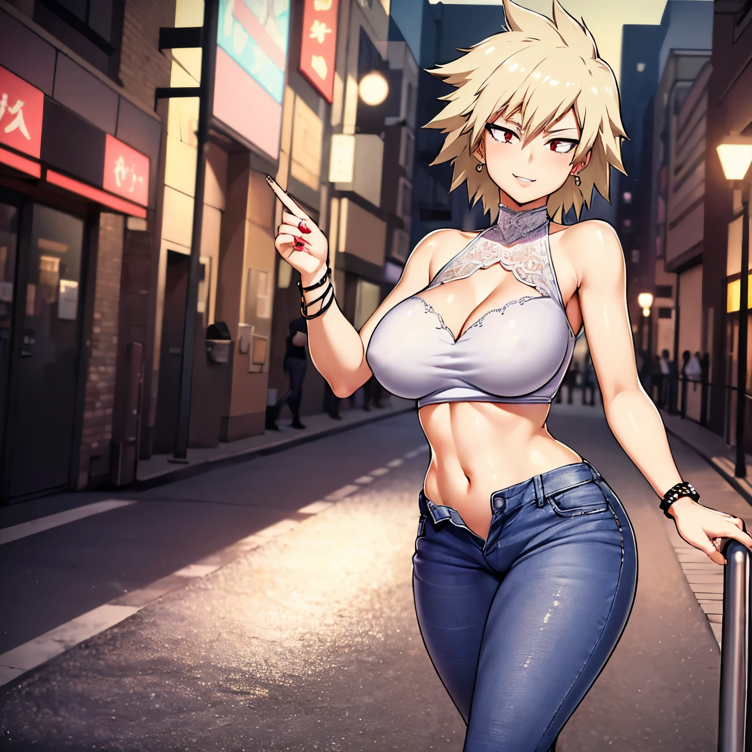 ((1girl)),((alone)), Mitsuki bakugou,(masterpiece), (best quality), (ultra detailed), (best illustration), (best shadow), (absurdities), sharp focus, cowboy shot , dynamic posture looking at the viewer, big breasts, narrow waist, wide hips, wide thighs, round butt, erotic, romantic, (very detailed eyes, lips 1.1), very detailed eyes, eyes, Very detailed face, Very beautiful face, height complete, beautiful slim figure, femininity, expressive appearance, elastic big breasts, sexuality, mature woman, red eyes, dull blonde hair, short hair, jewelry, earrings, ((lilac top with white lace)), tight top, ((neckline)), collarbone, ((bare shoulders)), waist, navel, ((black jeans)), ((tight jeans)), ((lilac heels)), defined body, Perfect and beautiful body, perfect and beautiful, closed mouth, smile, happy smile, blushing, (sexy pose: 1.2), ((solo)), standing: 1.3, outdoor, cityscape , streets, city, night, city lights, looking forward, ((focus on hips)), point of view: (from middle), perfect anatomy, perfect hands