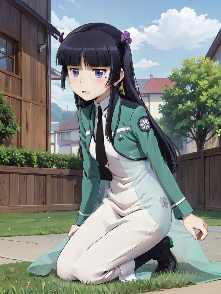 ruri gokou, 1 Female, solo, ((magic_high_school_uniform)), (green jacket), (white dress), (black necktie), Hime cut, Black Hair, Long Hair, mole, blush, Red ribbon, garden, full body