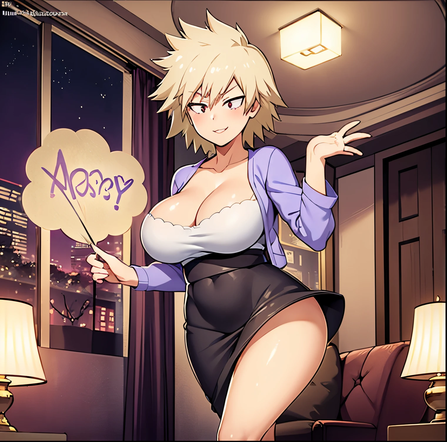 ((1girl)),((alone)), Mitsuki bakugou,(masterpiece), (best quality), (ultra detailed), (best illustration), (best shadow), (absurdities), sharp focus, cowboy shot , dynamic posture looking at the viewer, big breasts, narrow waist, wide hips, wide thighs, round butt, erotic, romantic, (very detailed eyes, lips 1.1), very detailed eyes, eyes, Very detailed face, Very beautiful face, height full, beautiful slim figure, femininity, expressive appearance, elastic big breasts, sexuality, pink skin, mature woman, red eyes, dull blonde hair, short hair, (purple cardigan), open cardigan, (white shirt), tight shirt, ( (cleavage)), (black skirt), tight skirt, ((bare legs)), black heels, defined body, perfect and beautiful body, perfect and beautiful, closed mouth, smile, happy smile, blushing, (sexy pose: 1.2 ), ((solo)), standing: 1.3, interior, Japanese house, living room, table, armchair, night, window, street lights, looking forward, ((focus on panties)), point of view :( from below), perfect anatomy, perfect hands