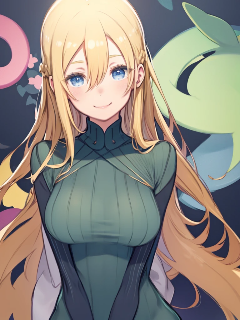 One Woman、(Chibi Character、Nendoroid、five-headed body、Front view、upright、Simple Background、Flat Color)、Blonde Hair、long hair、Hair between the eyes、Big Breasts、Huge breasts、Green clothes、Turtleneck sweater、Smiling、