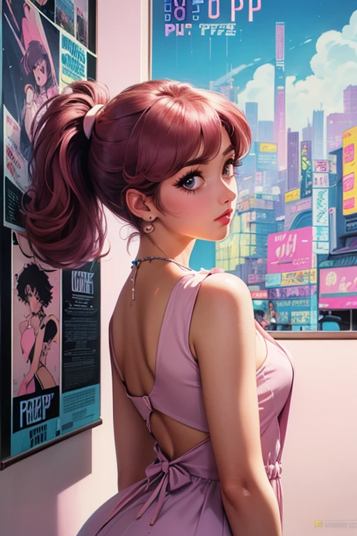 (80's, Retro City Pop Poster:1.5), (Album cover), (masterpiece, Best Quality), (anime, figure), (Pastel colors:1.4), Best photo poses, Dynamic Angle, Studying in the room, dark pink hair, ponytail length to shoulder,  dress with a floral pattern ,It's raining outside, Side cut, Alone, A perfect eye for detail, Delicate face, High Fashion,