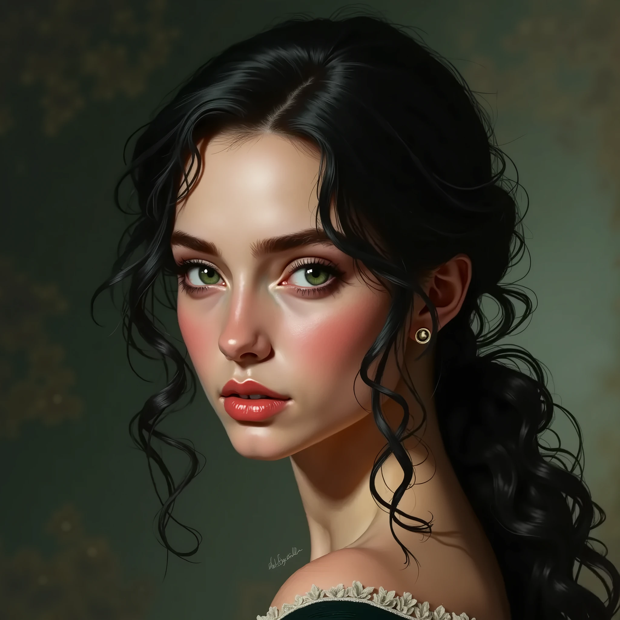 Victorian Hungarian women Women of the 18th century, very detailed Bright straight Black hair, Pink lips, very detailed Bright Turmaline Green eyes, Nice features, Wadim Kashin, James Gurney, ink, Splash Art, Amazing beauty, Royo, after sexing, Super detailed splash art modern European oil ink painting, Big Gorgeous chests, Gorgeous Body, oil painting, very detailed skin, Blush, Greg Rutowski.
