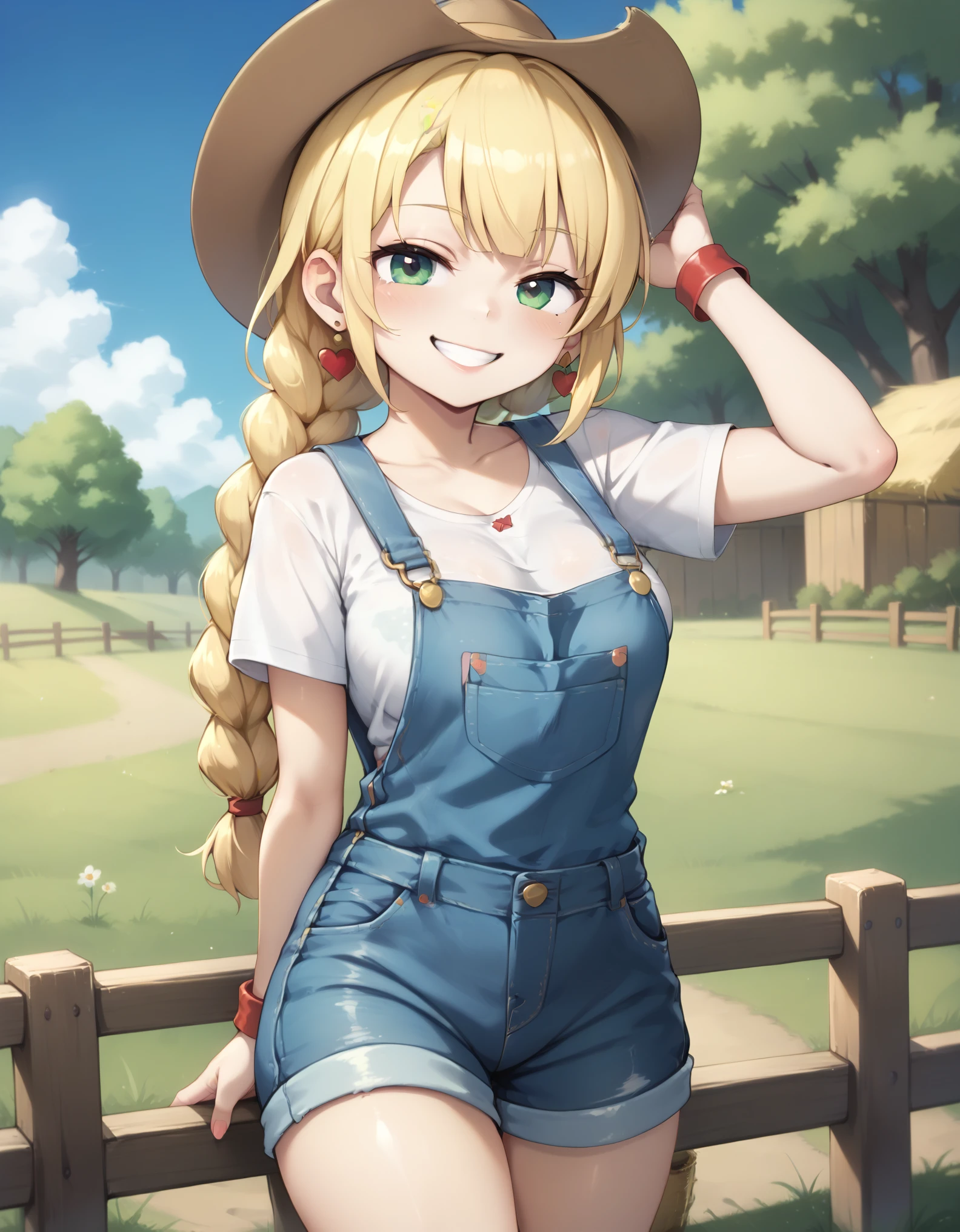 score_8, score_9, pretty farm girl, blonde braid, overalls, smile