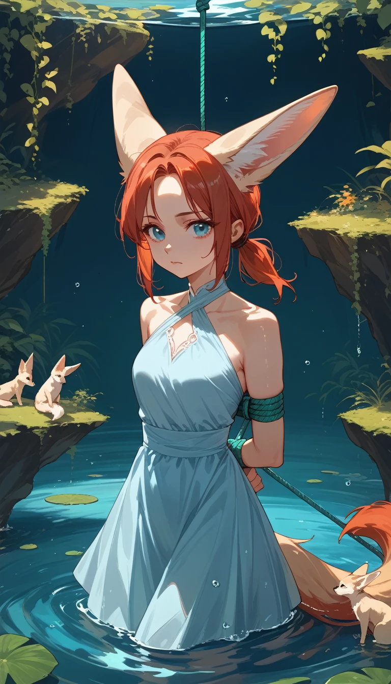 A girl,short orange-red hair tied up (low ponytail) with a water green elastic,whitish blue eyes (blind),black fennec fox ears,a light blue dress,It&#39;s on a bridge in a park 