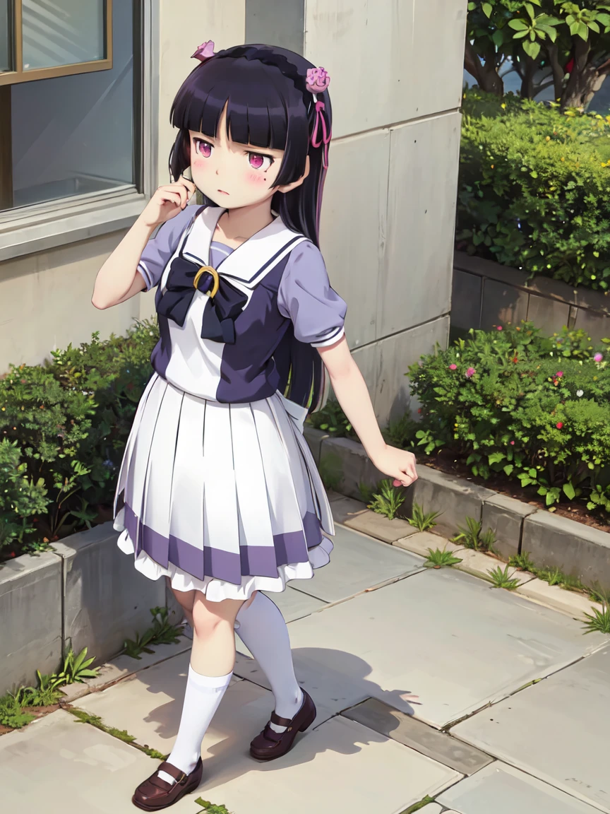 ruri gokou, 1 Female, solo, ((summer uniform)), Hime cut, Black Hair, Long Hair, mole, blush, Red ribbon, garden, full body