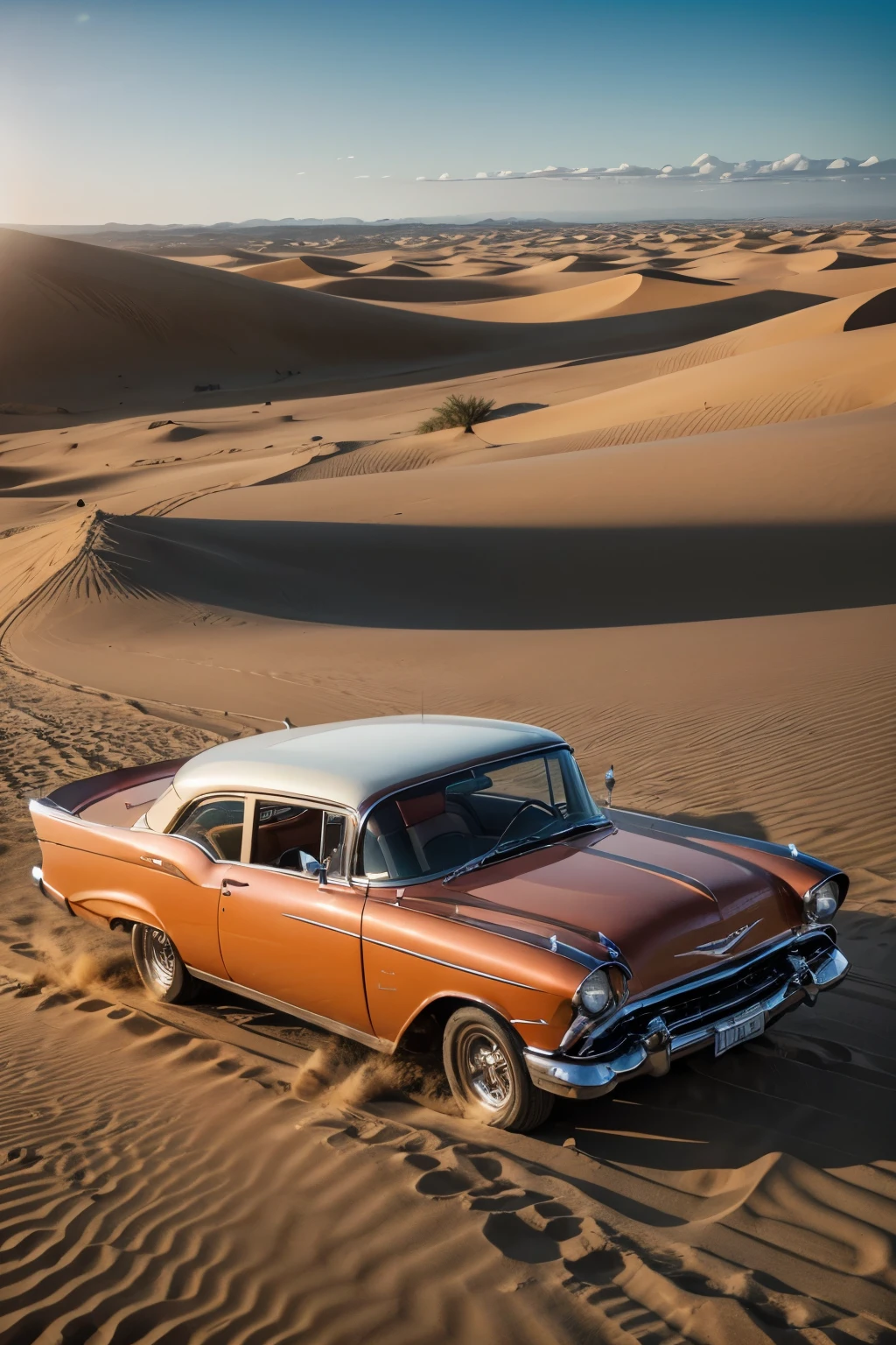 An old car driving through the desert with a sun shining on it - SeaArt AI