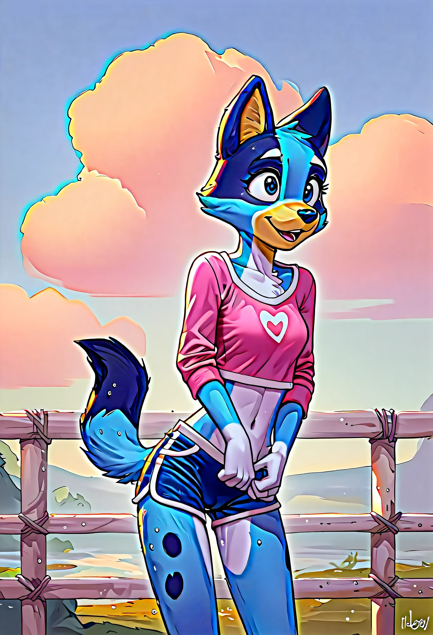 score_9, score_8_up, score_8, 1girl, source_cartoon, source_furry, watercolor style, wallpaper, blueyxl, bluey heeler, (boxchibi:0.2), (cub), girl, cowboy shot, anthro, furry, tail, blue body, animal ears, wet fur, flat shaded background, sky, day, cloud, blue sky, (excited expression), childlike joy, whimsical, mischievous, feminine, female, (slender figure), (slim body), (lolicon body), detailed fur texture, cute outfit, blue shorts, pink shirt, long sleeve, hip vent, camel toe, sassy, (bendover), (bending over), (pose), curved back,