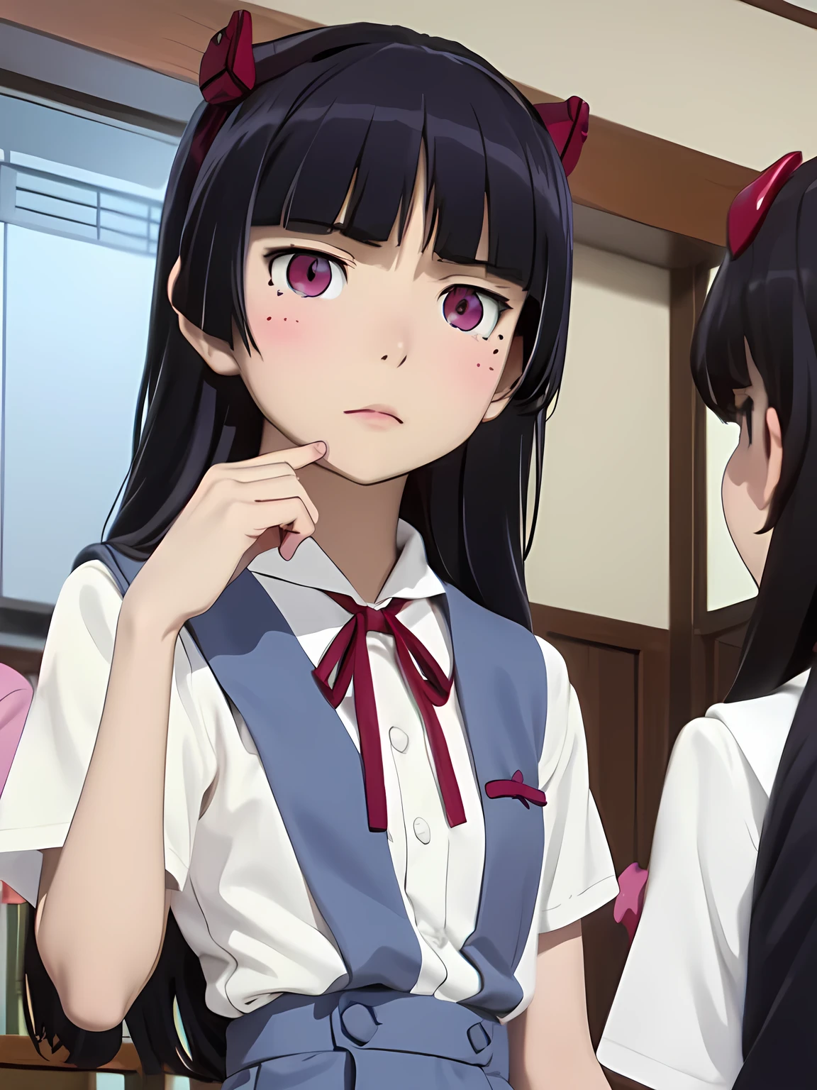 ruri gokou, 1 Female, solo, ((eva school unifrom)), ((tokyo-3 middle school uniform)), Hime cut, Black Hair, Long Hair, mole, blush, Red ribbon, garden