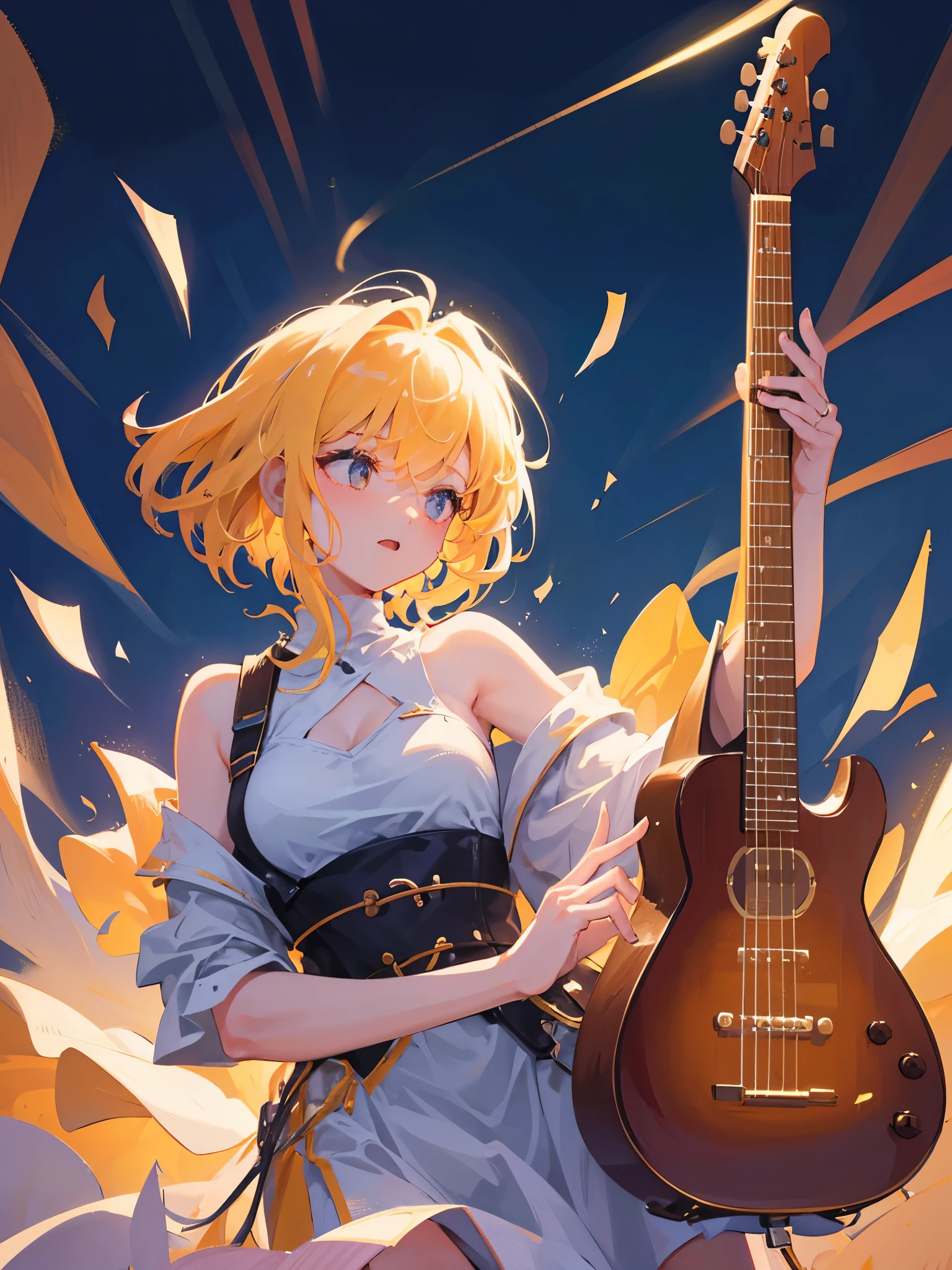 (masterpiece, best quality)), lineart, colorful, 1girl, 18 year old girl, topless open shirt, playing electric guitar, blond hair, blue eyes, lineart, colorful, intricate details --auto