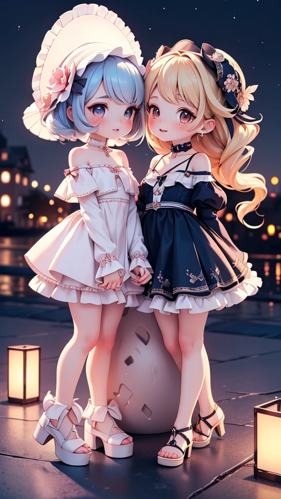 ((petite cute 2girls)), ((cute face)), ((puffy eyes)), ((masterpiece)), ((best quality)), ((ultra detailed)), ((exquisite)), ((depth)), ((crisp)), ((8k)), ((beautiful and aesthetic)), ((super detailed skin)), ((high standard)), ((highres)), (perfect anatomy), (blush), (lipstick), (full body), (nostalgic scenery), (summer, night, date kiss), (emotional), (off shoulder top), (lesbian crush), (piercing)