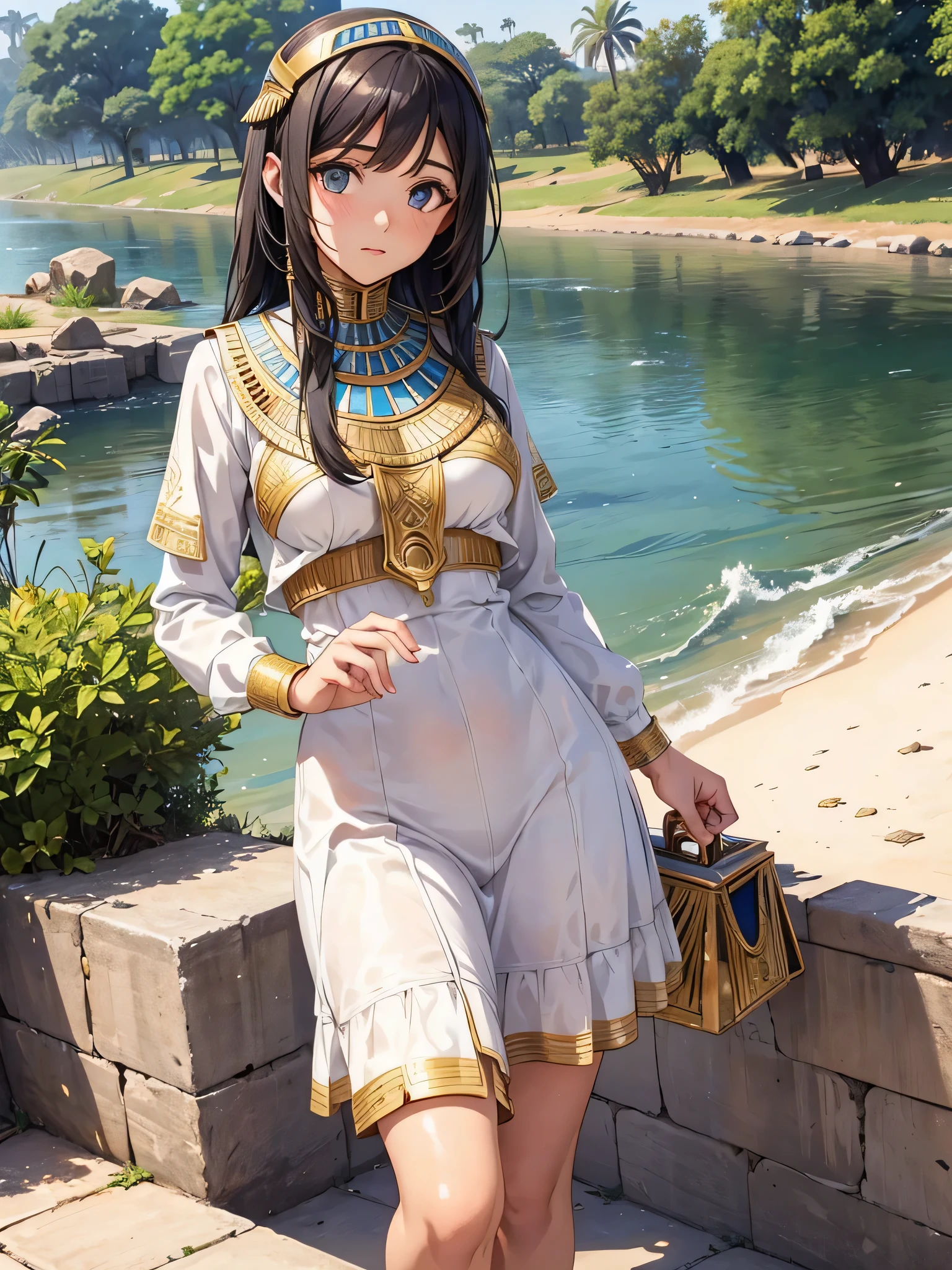 All intricate realistic details: "An ancient Egyptian girl walking along the banks of the Nile River, Her body and face are similar to Pricilla Ricart, Lightweight clothing due to the heat, anime mappa style, with detailed and intricate realistic frontal elements with more facial details if possible"