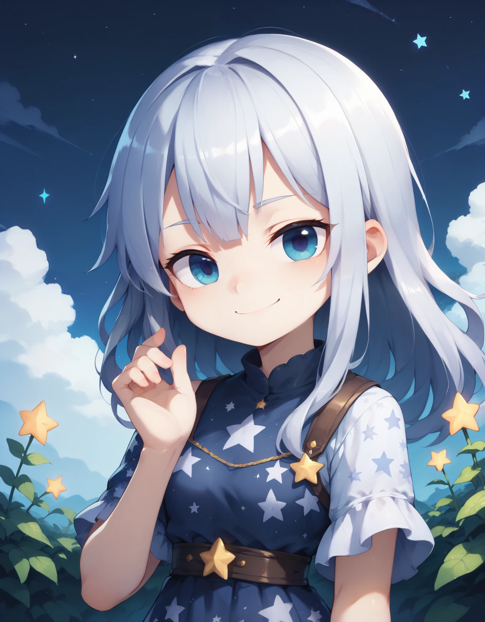 score_9, score_8_up, score_7_up, 1girl, long silver hair, upper body, blue eyes, arms at side, outdoors, starry night, long grey star print dress, smile,