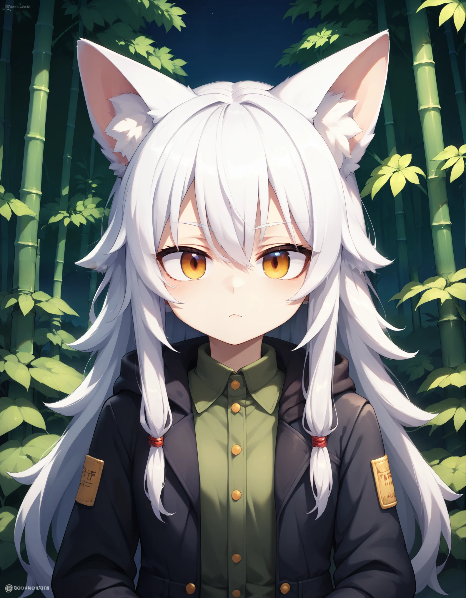 score_9,score_8_up,score_7_up, rating_safe, source_anime, original_art (high quality,detailed,beautiful) Refined (withdrawn) BREAK, 1girl, animal ears, long hair, solo, white hair, night, nature, jacket, forest, animal ear fluff, tail, bamboo, looking at viewer, outdoors, bamboo forest, wolf ears, watermark, sky, upper body