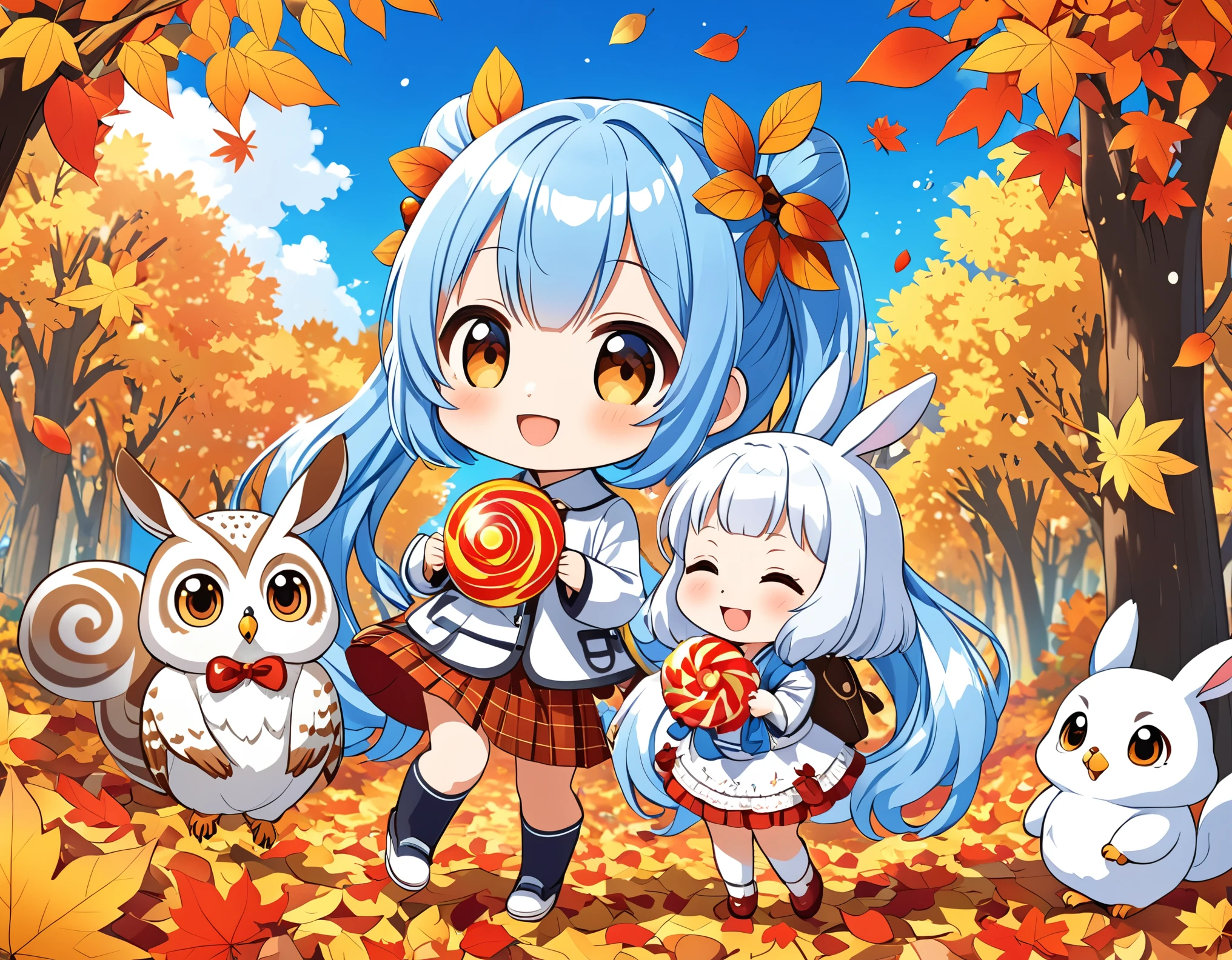 Light blue long hair、Two chibi characters with twin-tail hairstyles、Holding a large round candy、Chupa Chups、smile、In the forest of autumn leaves、Squirrels and rabbits、Pure White Owl、Clear blue sky