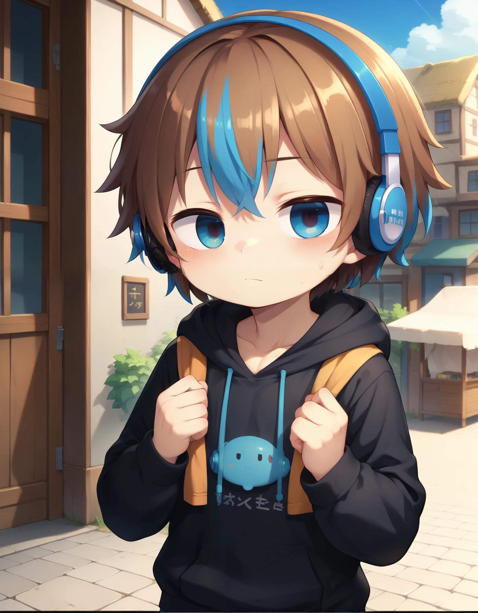 score_9, score_8_up, score_7_up, detailed eyes, source_cartoon, manga_source, BREAK petite, young, solo, child, anime style,type-h, solo, looking at viewer, short hair, blue eyes, brown hair, 1boy, blue hair, male focus, multicolored hair, hood, window, hoodie, headphones, letterboxed, male child, black hoodie, standing, town, outside
