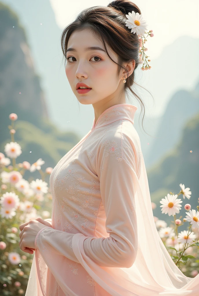 Official art， Unity 8k wallpaper， Super Detail， Beautiful and beautiful， masterpiece， Best quality， （Realistically：1.4）， （Dynamic Angle：1.4）， grace， Bright colors， ， Zhong Fenghua， 1 Girl， Lips slightly open， （Flowers twinkle：1.5）， （solo：1.5）， （Looking into the camera：1.3）， Umbellate， （See-through Hanfu：1.3）， （Small Flower：1.5）， （plaster：1.3）， （Flowering：1.3）， Radiant Skin， （Floating colorful glitter：1）The most beautiful form of chaos， （Light background：1.5）， （Traditional Chinese landscape painting background：1.3），  Full body nymphomaniac，Normal fingers，Only two hands，