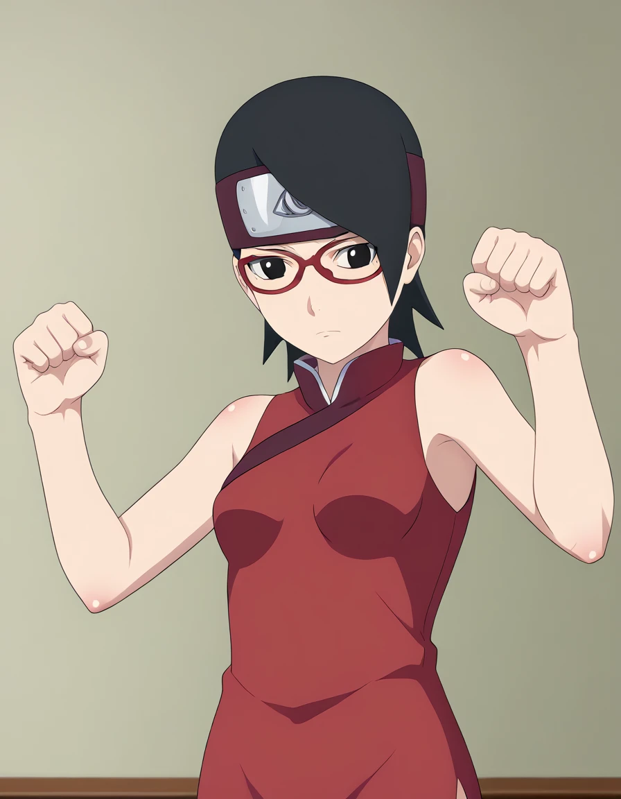 BREAK, source_anime, 1girl, uchiha sarada, black hair, Short hair, black eyes, sleeveless, red minidress, nice legs, glasses,, undressed, small breasts, forehead protector, beautiful legs, pussy, bottomless, upper body, beautiful body, konohagakure background, figthing pose, punching,