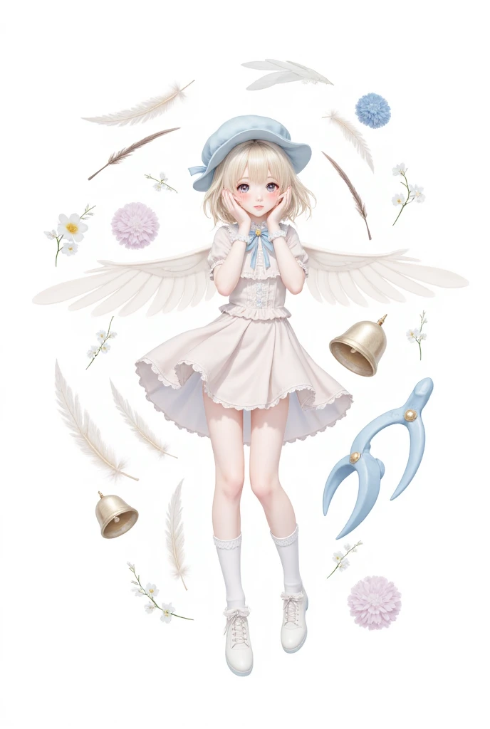 Upper warehouse, a girl, blond, White background, have, skirt, 蓝色shoe类, wing, Simple background, symbol, flower, Manicure, Wide sleeves, Long sleeve, blush, animal, white flower, Solitary, whole body, bird, Viewer, High heels, Put your hands on your cheeks, Put your hands on your face, Ruffles, bow, Bangs, Ribbon, bell, Blue Hat, +_+, shoe下, Short hair, Gray Eyes, shoe, Blue Claw, feathered wing, blue bow