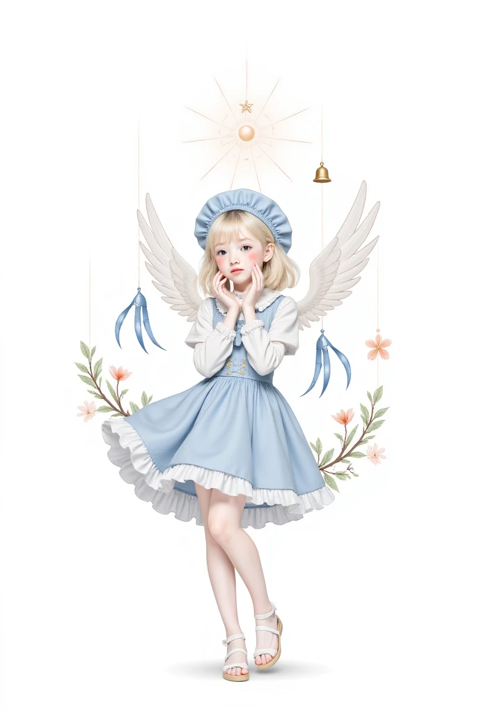 Upper warehouse, a girl, blond, White background, have, skirt, 蓝色shoe类, wing, Simple background, symbol, flower, Manicure, Wide sleeves, Long sleeve, blush, animal, white flower, Solitary, whole body, bird, Viewer, High heels, Put your hands on your cheeks, Put your hands on your face, Ruffles, bow, Bangs, Ribbon, bell, Blue Hat, +_+, shoe下, Short hair, Gray Eyes, shoe, Blue Claw, feathered wing, blue bow