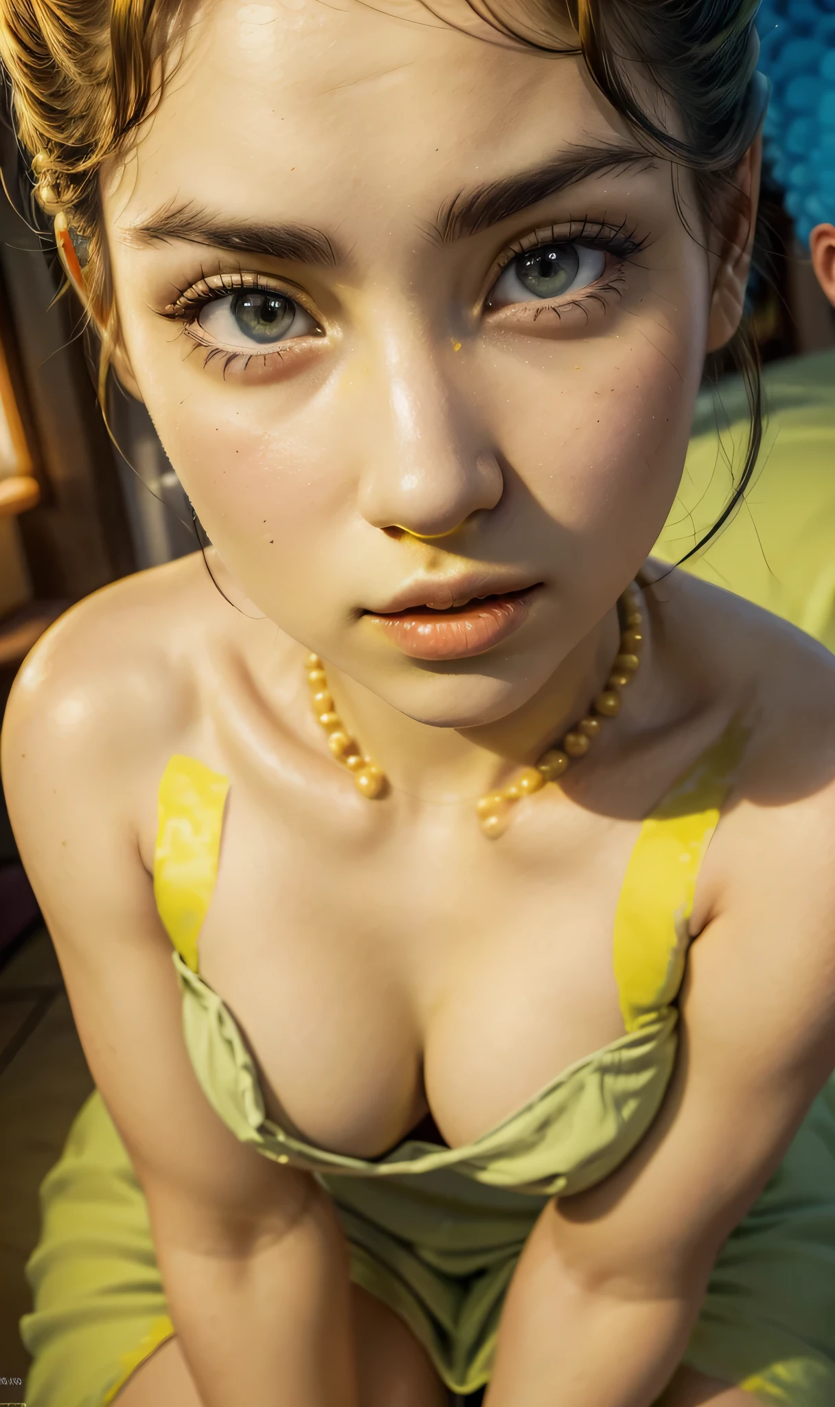 (best quality,4k,8K,High resolution,masterpiece:1.2),ultra detailed,(realistic,photorealistic,photo-realistic:1.37),1 girl,beautiful detailed eyes,beautiful detailed lips,Extremely detailed eyes and face,long eyelashes,marge simpson,sexy,big breasts,thick thighs,by the blue,green dress,red pearl necklace,red dancers,Detailed fashion,very detailed,intricate details,volumetric lighting,cinematic lighting,chiaroscuro,vibrant colors,warm tones(((Marge Simpson naked and yellowed )))(((Beautiful face))))