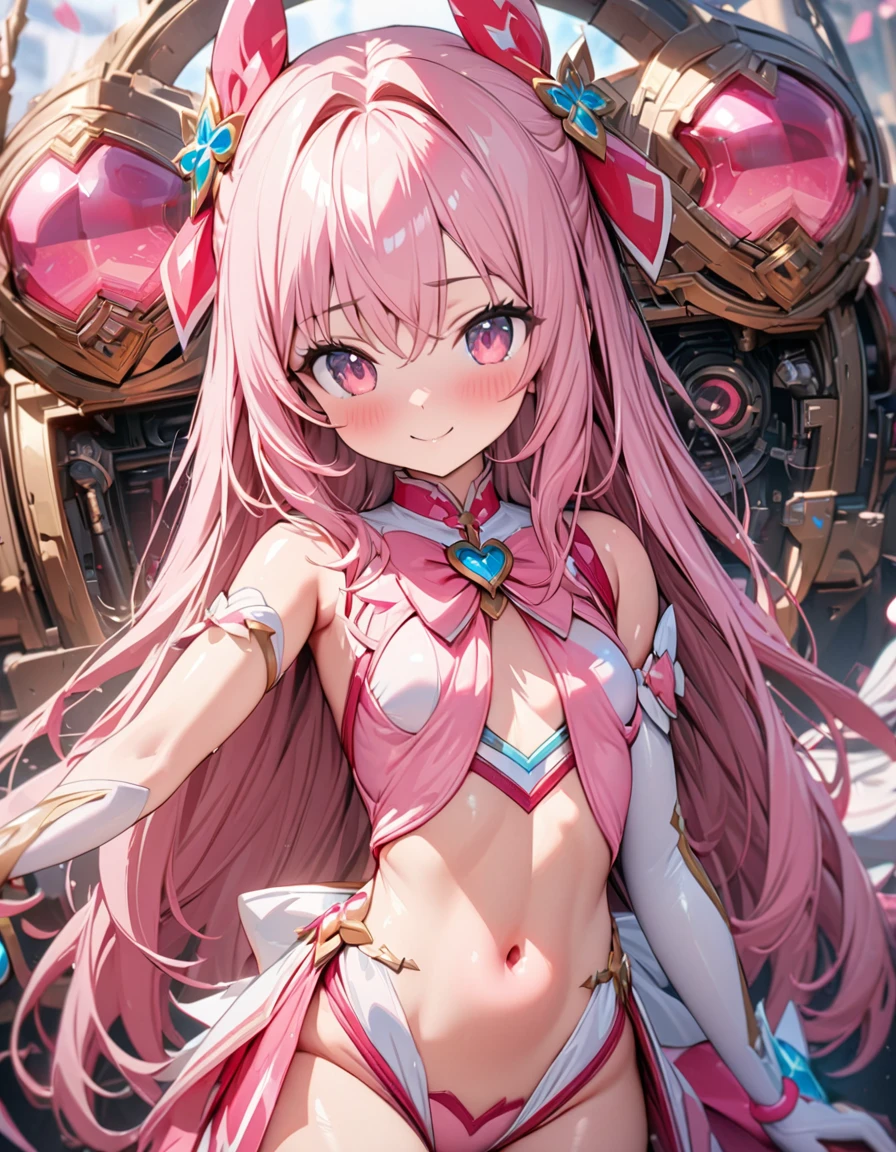 (Perfect Anatomy)、Mastepiece、Ultra High Quality、 8K、masterpiece、Highest quality、Ultra-high resolution、Maximum resolution、Very detailed、Professional Lighting、anime、woman、thin、so beautiful、Highly detailed eye、Highly detailed face、Golden earrings、Pink Hair,、Pink eyes, upper arm pink armor, white leotard, pink pattern, grassland, whole body, magical girl, Angel Girl, kneel up, damaged fashion, clenched teeth