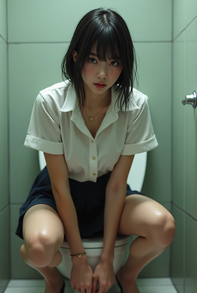 (Only one 16 year old high school girl:1.8)、NSFW、Super detailed、High resolution、transcendental beauty highest quality、masterpiece、Wear knee socks、Majimix Real、(RAW photo:1.2)、(Photoreal:1.4)、Beauty in the beautiful details、and delicate expression、In a private toilet at a Japanese high school、(Torn uniform:1.5)、blonde、short mash hair、Bangs down、((you can see me))(squat)、eyelash、sparkling eyes、glossy lips、beautiful and detailed eyes、((japanese uniform ))、very detailed expression、highly detailed face、Movie Writing、positive、((dynamic pose))、((open stance))、(lift the skirt from bottom to top:1.5), pleated skirt、Uniforms come off, (Accurately represents the shape of the female genitals:1.5), (Detailed depiction of the labia minora, vaginal opening, Detailed depiction of the clitoris:1.5), (spread legs:1.5), (sit on the toilet:1.8)、(on the toilet:1.5)、(The climax of sexual pleasure with open mouth:1.5)、No bra、I can see the nipples