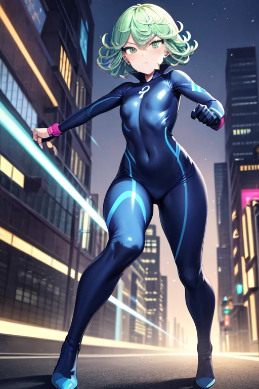 Masterpiece, best quality, ultra detailed, illustration, lighting epic, cinematic composition, 1 girl, Tatsumaki, short hair, green hair, very small breasts, green eyes, bright eyes, blushing, closed mouth, piercing gaze, full body, black collar, tall, slim, athletic, circles on her wrists, pink details, black fingerless gloves, pink wristbands, nanotech speedster suit that resembles light armor, blue chest with an emblem, blue chest, black suit with pink lines, pink speed emblem on her chest, pink emblem, blue pants, gray knee pads, metallic pink boots, white superhero belt, running through the city, pink light trail, laser, city background, anime