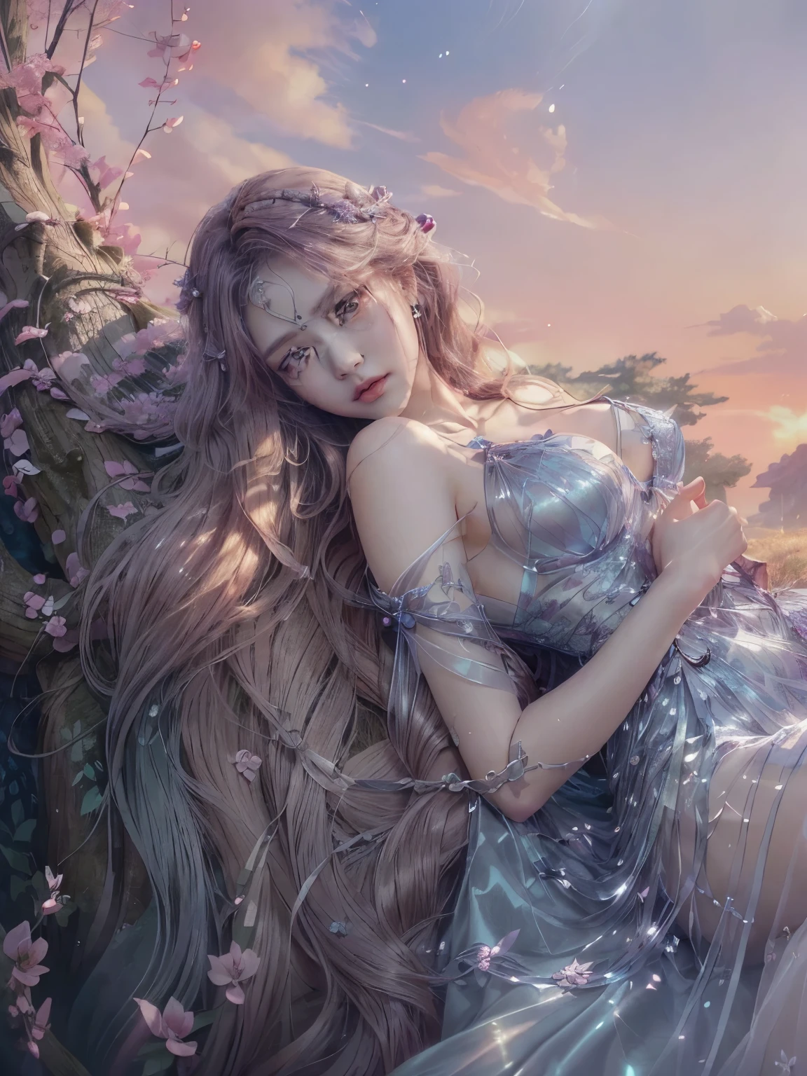 A woman lying on a tree with long wavy hair and a plunging neckline dress with transparency , anime fantasy illustration, exquisite digital illustration, detailed digital anime art, detailed anime artwork, official artwork, korean art nouveau anime, cushart krenz key art feminine, anime fantasy artwork, detailed cover artwork, loish and ross tran, detailed anime art