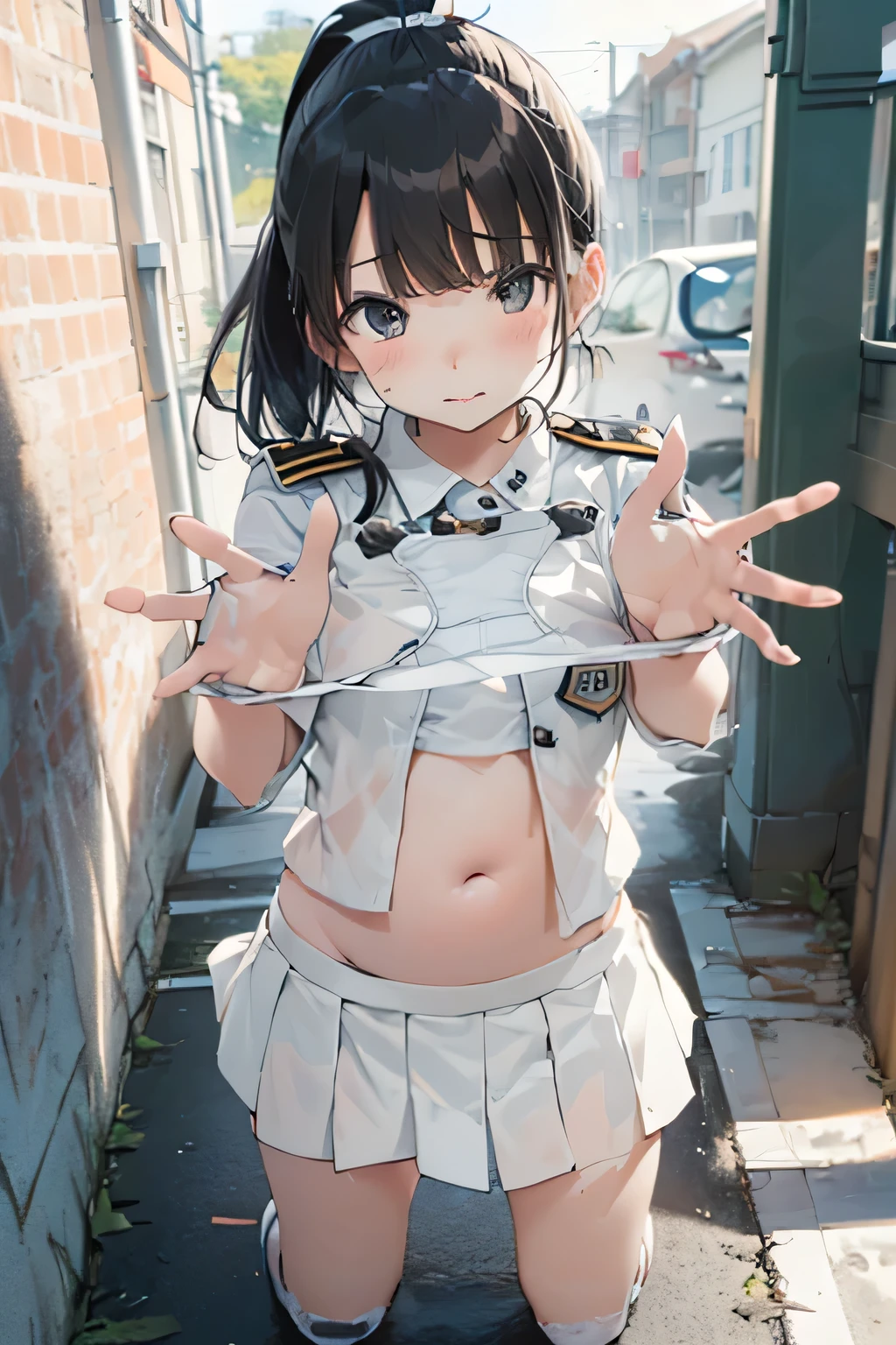 (((Cute middle school girl)))、(((Wearing a revealing white uniform、I can see your belly、White open shirt)))、Small breasts、White socks、(ponytail, Black Hair), ((pee)),((There is a clear puddle on the ground)),break,((Squat, Close your legs))、Check out the Simple White Panties, Panties as a gift, (Simple white panties:1.5), (peeで汚れたSimple white panties:1.5), holding, (Simple white panties made of soft material)、(((close)))、look up、Crying face