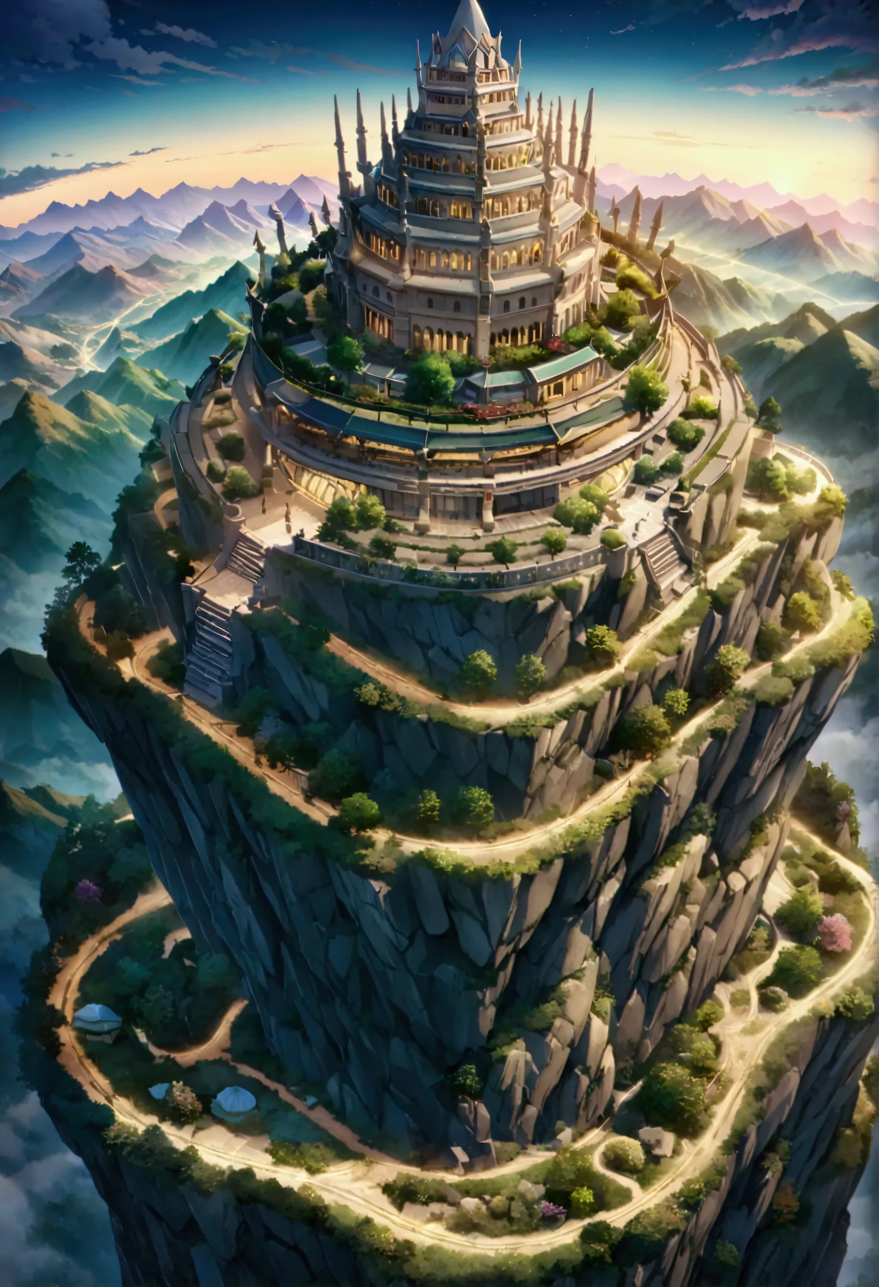 Highly detailed anime-style still images, Ghibli Studio Style, masterpiece, Official Art, professional, ((Super detailed)), 8k, ((Don&#39;t show it to anyone)), Arabesque pattern, Huge, Rugged Mountain. The mountains are rough々It should have a clean and dignified appearance., Intricate paths and structures carved into the rock face. Unique in the city, Surrealistic designs that are impossible in reality. Include elements such as the Twisted Tower, Floating Platform, Unusual bridge. Architecture must be imaginative and otherworldly, Buildings with intricate details and ornate designs. The city is surrounded by lush greenery and small waterfalls.. Softly illuminate the scene, An otherworldly light that heightens the sense of wonder and mystery. Add Distant, Place a fantastical structure in the background、Creates depth and a dreamlike atmosphere