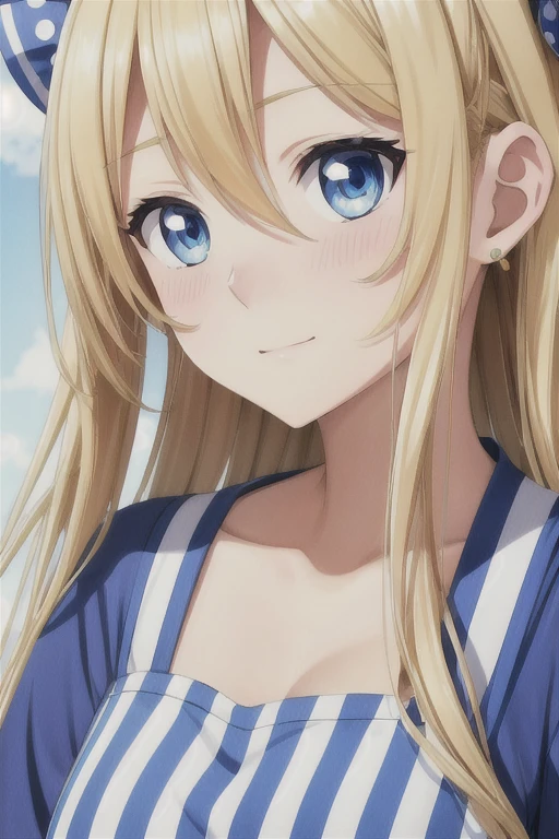 アニメ、クリエイティブ、long((thin)),curve,Cute anime style girl with curly blonde hair,long hair,She has blue eyes,She was wearing a blue and white striped apron with wrinkles around her shoulders,She has a blue ribbon with polka dots in her hair,The background features blue tones with polka dots, Facial wrinkles close-up