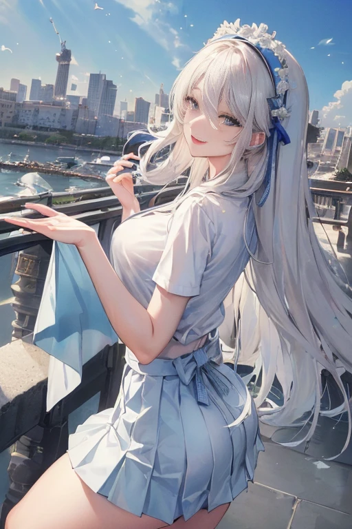 Official Art, masterpiece, Clear focus, (Beautiful, gorgeous and lovely Korean women:1.3), (Beautiful and cute Korean:1.3), Korean beauty, Exquisite and beautiful hair、Eyes and face, Practical, Super detailed, beautiful girl, Blue sky, 夜光White颗粒, (Side Light:1.2), Sunlight, White Cloud, Detailed Cloud, thin and long, Cute big boobs and big ass, grin, ((Smile with your eyes, Open your eyes)), landscape, long, Straight Hair, sexy facial expression, architecture, (city View:1.7), Dynamic Hair, long, Straight Hair, delicate white hair, glowing blue eyes, (blue pleated shirt + White Skirt), White, Pale skin, Hair accessories, epic landscape,Nice ass，Beautiful buttocks ，White高跟鞋，The skirt was lifted