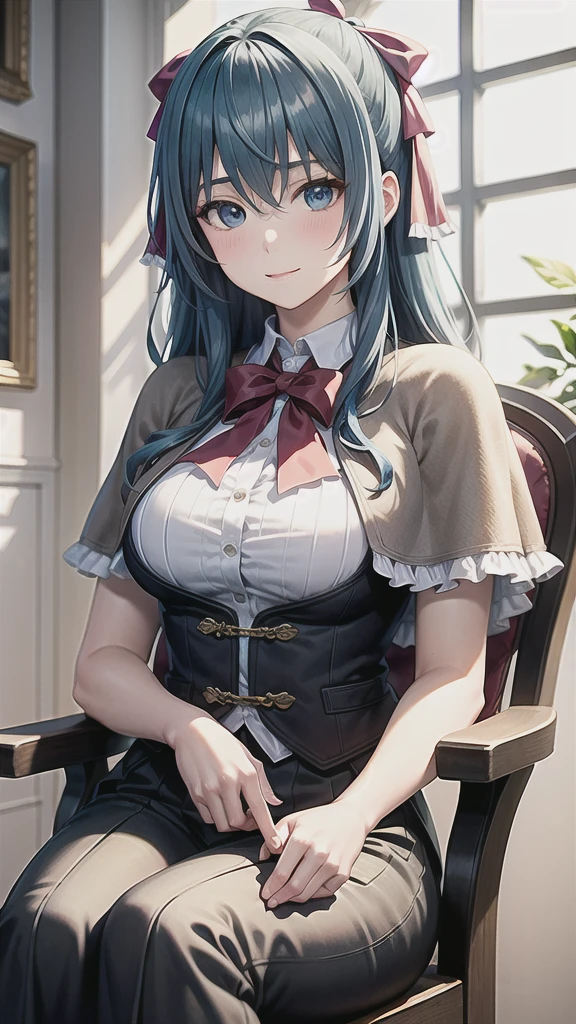 ((((masterpiece, extremely detailed, best quality)))), illustration, indoor, chair, (simple background), (cowboy shot), soft lighting, stylized, (liselottecretia), 1girl, blue hair, (long hair, hair between eyes, hair ribbon), blue eyes, (looking at viewer:1.2), (light smile), (blush:1.2), lower body, (white shirt, red bowtie, frills, brown vest, capelet, skirt), (large breasts:1.2), sitting, sitting on chair